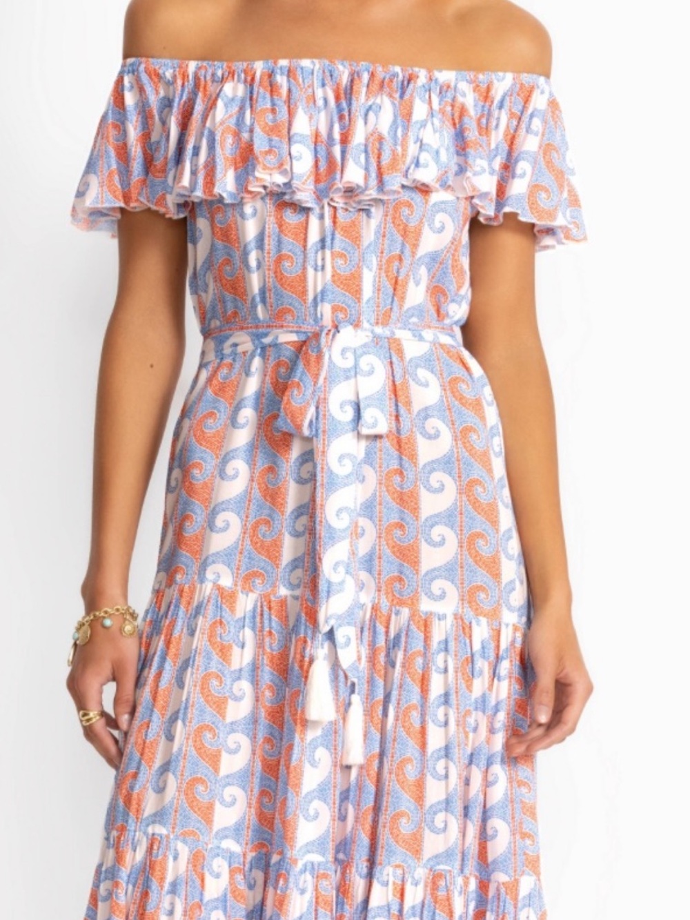 Johnny Was Off-Shoulder Ruffle Maxi Dress in Blue & Orange Print